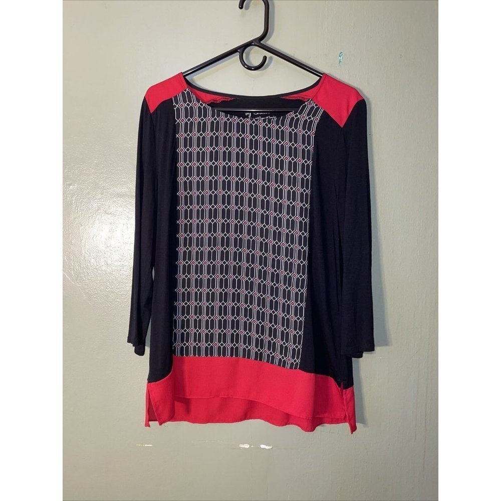 CHICO'S 2 (US L) Black & Red Geometric Design Blouse Top Long Sleeve Semi Sheer